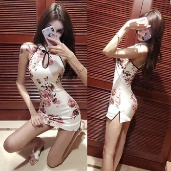 2023 китайское сексуальное винтажное вечернее платье qipao с цветочным принтом, без рукавов, cheongsam, бандажное платье с разрезом для ночного клуба, костюм для совместной игры