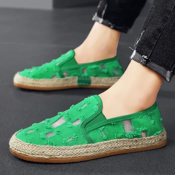 2023 Летняя Новая модная зеленая мужская повседневная обувь, кроссовки на плоской подошве, Дышащая мужская парусиновая обувь без застежки
