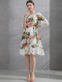2023, Модное дизайнерское летнее женское кружевное платье с цветочным принтом длиной до колен, элегантное праздничное платье для вечеринки