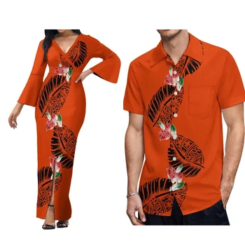 2023 Новое платье с v-образным вырезом и вилкой в полинезийском дизайне, платье с расклешенными рукавами, платье на Самоа, семейный комплект, одежда для пары