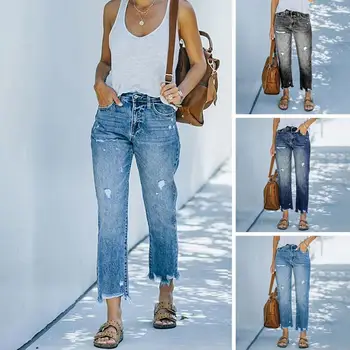 2023 Новые повседневные свободные женские джинсы с карманами на пуговицах, элегантные брюки из денима с высокой талией
