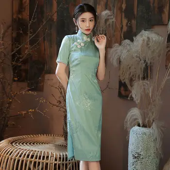 2023 улучшенное китайское платье ципао с длинным принтом чонсам для женщин с коротким рукавом, сексуальное элегантное вечернее повседневное платье ципао на каждый день a398