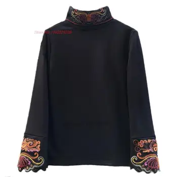 2024 китайская национальная футболка с традиционной цветочной вышивкой, винтажные топы hanfu, базовая рубашка с воротником-стойкой на флисовой подкладке, улучшенная базовая рубашка с флисовой подкладкой