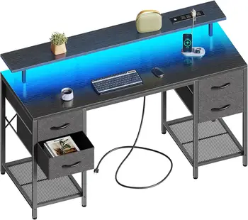55-дюймовый Компьютерный стол Huuger с 4 Выдвижными ящиками, Игровой стол со Светодиодной Подсветкой и Розетками, Домашний Офисный стол с Большим Местом для хранения вещей