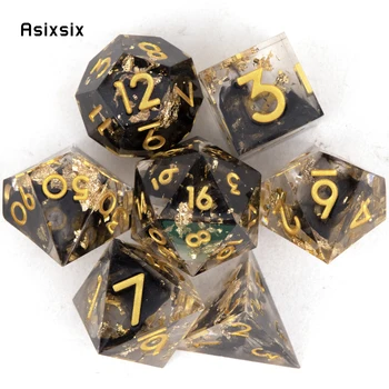 7 шт., черные многогранные кубики из смолы с острыми краями с золотым номером, подходящие для настольной ролевой игры RPG
