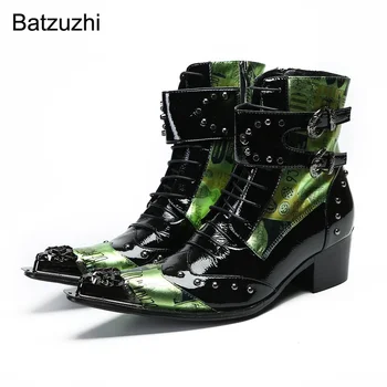 Batzuzhi/ Модные дизайнерские ботинки, мужские кожаные полусапожки с острым железным носком, мужские ботинки в стиле панк на каблуке 6,5 см с пряжками, 37-46!