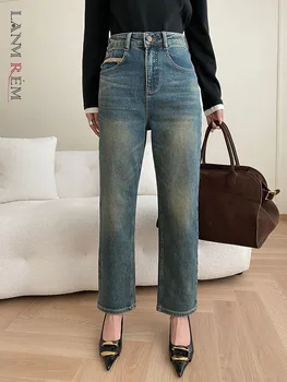 [LANMREM] Винтажные выстиранные джинсы с высокой талией для женщин 2023, Зимние Новые Прямые Толстые теплые джинсовые брюки, модная одежда 26D7395