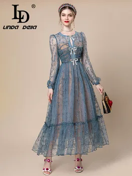 LD LINDA DELLA Летнее Дизайнерское Сексуальное платье для подиума, женское платье с бантом и пряжкой, Прозрачное кружевное платье с рельефным тиснением, полая драпировка