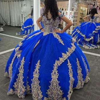 Lorencia Royal Blue Блестящее Пышное Платье С Золотой Аппликацией И Кружевом С Открытыми Плечами, Бальное Платье С Корсетом, Сладкое 16 Vestidos De Fiesta YQD544