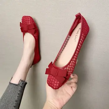 SLTNX/ 2023; Летние новые Свадебные туфли с бантом Красного цвета На квадратной плоской подошве; Французские Элегантные Женские туфли высокого класса на плоской подошве.