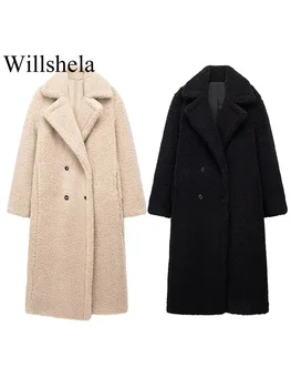 Willshela/ Женское модное однотонное двубортное шерстяное пальто с винтажным отворотом и длинными рукавами, Шикарные женские наряды
