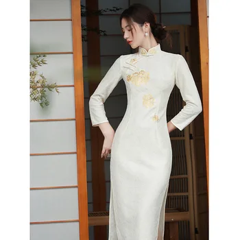 Бежевое кружевное Китайское Национальное летнее платье Чонсам с вышивкой, элегантное винтажное платье, женское модное Ципао с длинным рукавом
