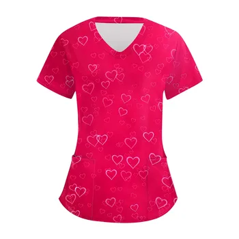 Блузка с V образным вырезом и карманами с принтом в виде сердца на рукаве, короткие рабочие топы, женская блузка с вырезом на день Святого Валентина