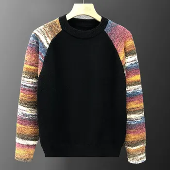 Вязаная нижняя рубашка в британском стиле контрастных цветов, мужской свитер Heren, Пуловер в цветную полоску, пуловер, свитер
