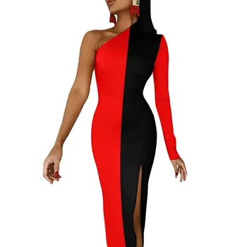 Двухцветное Макси-платье с длинным рукавом, красное и черное облегающее платье Kawaii, весенние вечерние длинные платья, женская одежда с принтом