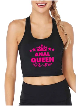 Дизайн Anal Queen, Сексуальный облегающий кроп-топ, свингер, Забавные топы для флирта, женские пикантные спортивные майки