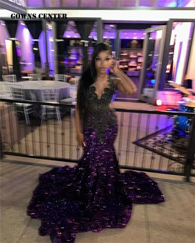 Длинные платья выпускного вечера Mystic Black Rainstone с фиолетовыми блестками 