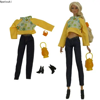 Желтый модный комплект кукольной одежды для Барби Наряды 1/6 Аксессуары для кукол для Барби Укороченный топ, джинсы, брюки, обувь, сумка, игрушки