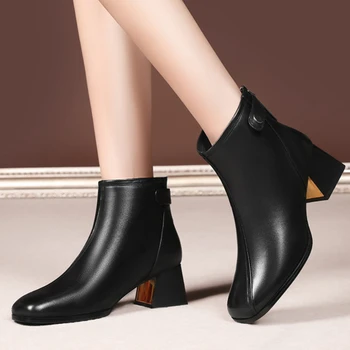 Женская обувь 2023 г., высококачественные зимние женские ботинки, однотонные, с острым носком, теплые, на молнии и пряжке, на среднем каблуке, Zapatillas De Mujer