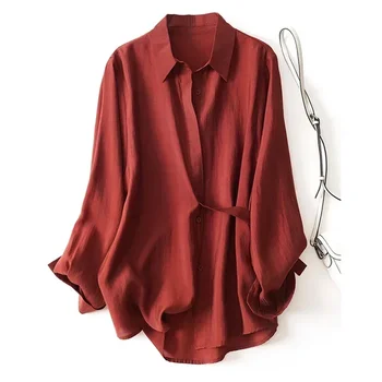 Женская простая рубашка, Модные топы на шнуровке неправильной формы, Осенняя офисная женская блузка с длинным рукавом, Элегантная однотонная свободная одежда Blusas 29962