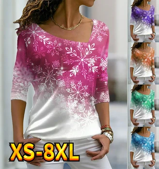 Женская футболка с рождественским принтом в виде снежинки, блестящая роспись, длинный рукав, Базовый V-образный вырез, обычная роспись XS-8XL
