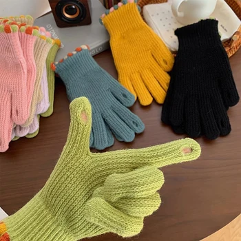 Женские вязаные перчатки, однотонные вязаные перчатки, перчатки с сенсорным экраном, зимние толстые теплые перчатки с пятью пальцами