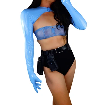 Женские латексные перчатки-болеро DooWay, ярко-пудровый синий блеск, влажный вид, искусственная лакированная кожа, модный карнавальный костюм для вечеринки, топовый кроп
