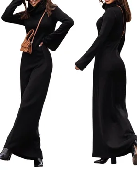 Женские однотонные платья, новинка зимы 2023, модное повседневное базовое универсальное платье с высоким воротом, элегантное и красивое платье макси с расклешенными рукавами