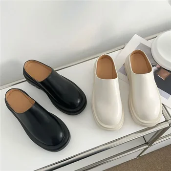 Женские тапочки 2023, летняя модная кожаная обувь, лоферы, тапочки на высокой платформе, женские черные туфли на высоком каблуке, женские шлепанцы