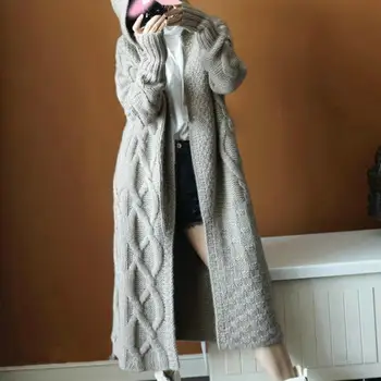 Женский зимний свитер, пальто, толстый вязаный кардиган с капюшоном и длинным рукавом, длина до середины икры, Свободная куртка с открытой строчкой На осень