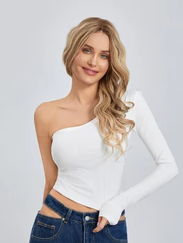 Женский укороченный топ на одно плечо Y2k с вырезом лодочкой, топ с длинным рукавом, приталенная футболка с рюшами, винтажные блузки для выхода в свет