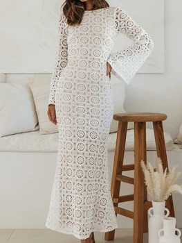 Женское вязаное длинное платье Элегантное цветочное жаккардовое платье с длинным рукавом и открытой спиной, выдалбливающее пляжное платье крючком