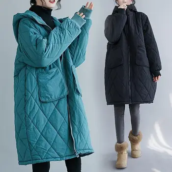 Женское свободное пальто на молнии с капюшоном, средней длины, большого размера, повседневное, теплое, зимнее