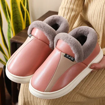 Зимние водонепроницаемые домашние теплые хлопчатобумажные тапочки, женская верхняя одежда, нескользящая сумка, тапочки на каблуке, хлопчатобумажная обувь из искусственной кожи на хлебном каблуке