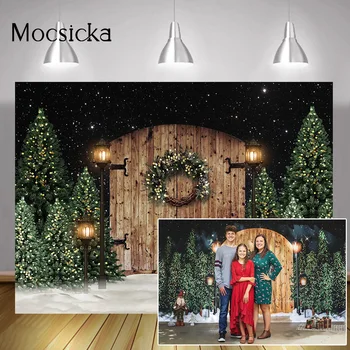 Зимний Зеленый фон из соснового леса, Снег, Рождественский портрет в деревенском стиле, фон для фотосъемки, Ретро Дверные фонари, реквизит для торта