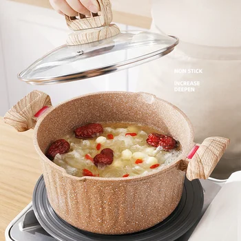 Кастрюля для супа Maifan Stone Wok с антипригарным покрытием 20 см, Бинауральная кастрюля для тушения с крышкой, Кухонная посуда для индукционной плиты