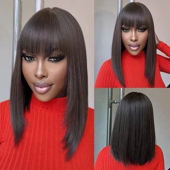 Коричневые прямые синтетические парики средней длины для женщин афро повседневного использования, натуральные волосы, короткий многослойный парик с челкой, термостойкий