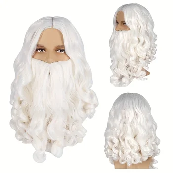 Костюм Санта-Клауса с Белой Бородой, Парики, белый Синтетический парик средней длины с длинной бородой, удобный для начинающих, Термостойкий