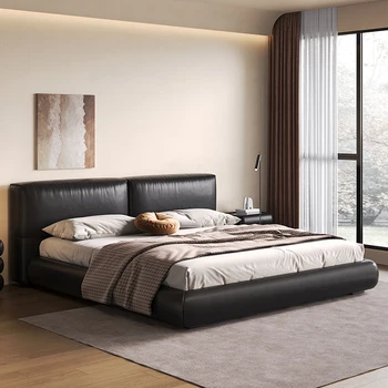Кровать из натуральной кожи в итальянском минималистичном стиле, большая черная кровать из коровьей кожи, современная минималистичная двуспальная кровать в главной спальне, черная