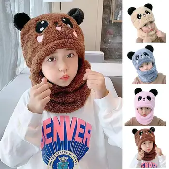 Милая детская шапка-шарф с рисунком из мультфильма, осень-зима, утепленная вязаная шапка-ушанка, однотонная теплая шапка с двойным флисом для детей
