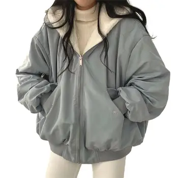 Модная зимняя двусторонняя одежда для девочек, утолщенное пальто, куртка для женщин, мешковатые однотонные теплые топы с капюшоном, пальто, уличная одежда