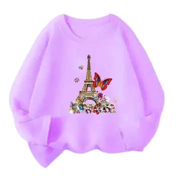 Модная футболка с принтом Эйфелевой башни для девочек, весенне-осенние хлопковые топы, футболки, повседневные милые базовые футболки с длинным рукавом