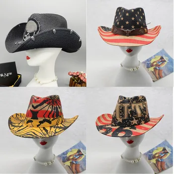Мужская ковбойская шляпа, летняя соломенная шляпа, новая ковбойская плетеная соломенная шляпа с принтом, модная повседневная уличная шляпа-козырек, рыцарская шляпа