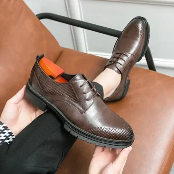 Мужская кожаная обувь Черная весенняя дышащая стелька, увеличивающая рост Мужская обувь Молодежная повседневная деловая одежда Свадебные туфли Мужские
