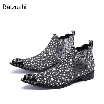 Мужские ботильоны Batzuzhi Personality, Темно-серый цвет со звездами, Кожаные ботильоны для мужчин, Мотоциклетные слипоны / Вечерние ботинки, EU38-46