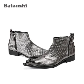 Мужские ботинки ручной работы Batzuzhi с металлическим острым носком в японском стиле, серые мужские ботинки из натуральной кожи, ботильоны для вечеринки, свадебные Botas Hombre!
