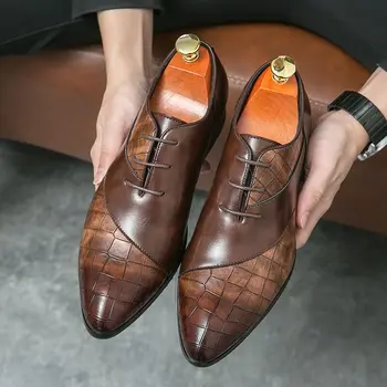 Мужские Оксфорды в Британском стиле, Модная Обувь из Спилка для Мужчин, Модельные туфли, Элитная Деловая Мужская Официальная обувь Коричневого/черного цвета A169