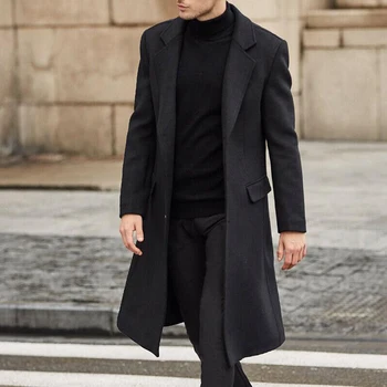 Мужское длинное пальто, зимнее теплое шерстяное пальто, модное повседневное пальто с отворотом и пуговицами, джентльменское пальто для мужчин, верхнее пальто для Хай-стрит