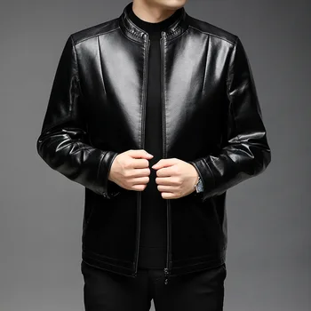 Мужское осенне-зимнее пальто из искусственной кожи черного цвета с длинным рукавом и воротником-стойкой на молнии большого размера, толстая куртка оверсайз Xxxl 4xl