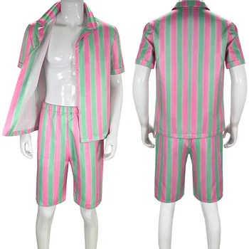 Мужской летний костюм с коротким рукавом, рубашка в полоску для косплея Кена Райана Гослинга, пальто, брюки, наряд на Хэллоуин, Праздничный наряд, Карнавал